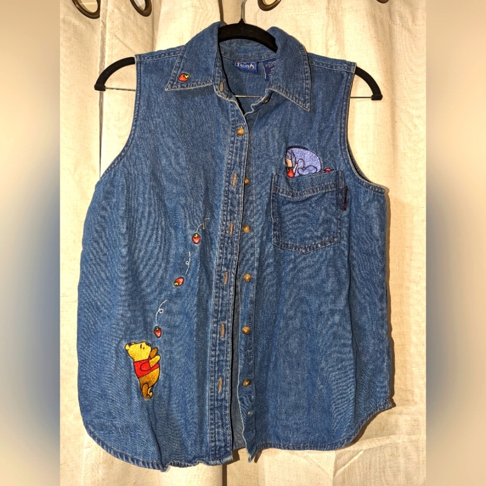 Vintage Pooh And Eyeore Strawberry Denim Buttonup Top